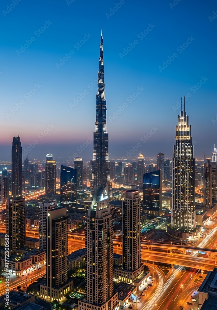 Obraz premium Iconic Dubai cityscape at Blue Hour featuring the illuminated Burj Khalifa and long exposure light trails from highway traffic