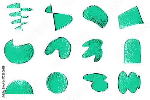 abstract shapes in teal with a transparent background, creating a modern and minimalist aesthetic. labels, logos. Decorative design elements, vector illustration.