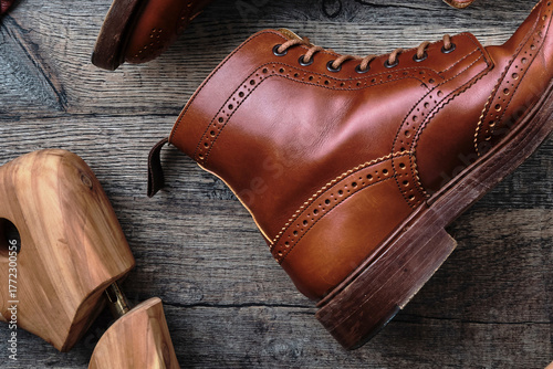 Photography Wingtip Brogue Boots and Accessories on Wooden Table