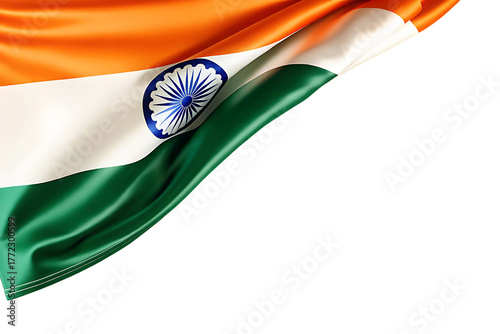 Close up of the indian flag with saffron white and green stripes and the ashoka chakra emblem against a black background