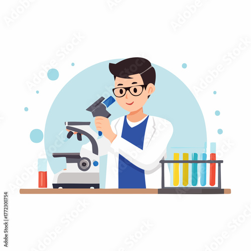Male Scientist Analyzing Samples Under Microscope in Laboratory - AI Generated