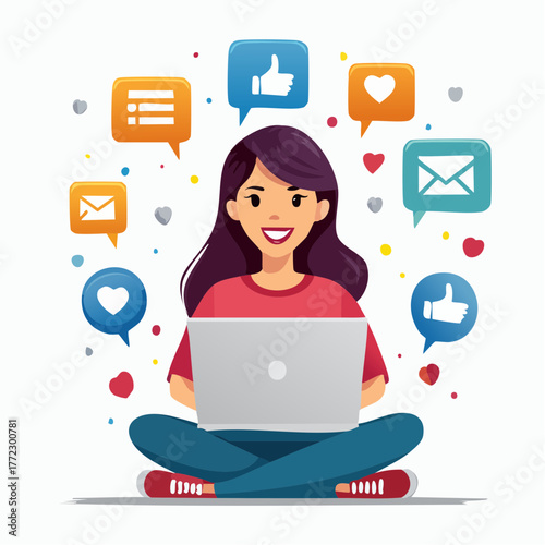 Happy Woman Working on Laptop with Online Social Interaction Icons - AI Generated