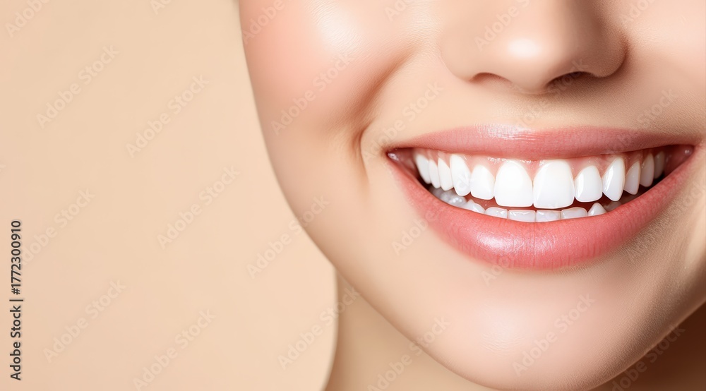 Fototapeta premium Woman smiling brightly, showing her perfect white teeth and healthy gums, representing dental care and oral hygiene