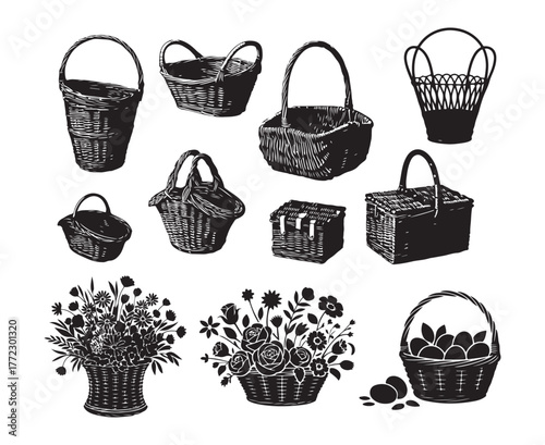 Wicker Basket Vector Set | Vintage Handwoven Picnic, Flower, and Storage Baskets Illustration.