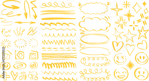 Vintage gold doodle underline emphasis scribble marker calligraphic vector set of wheat ears border and label design element