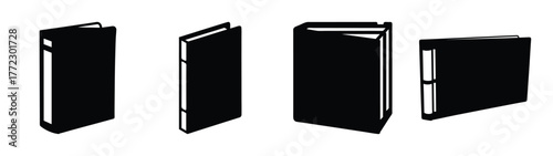 Four black binder icons showing different angles for organization and storage