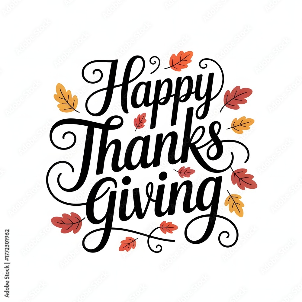 Fototapeta premium Happy thanksgiving lettering with autumn leaves, isolated on white background
