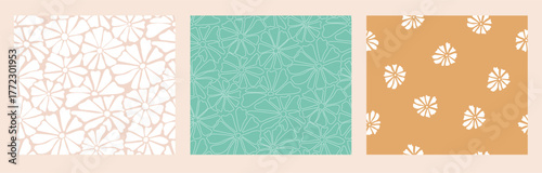 A coordinated collection of seamless floral patterns in soft pastel and earthy tones, featuring minimal flower motifs for fabric, wallpaper, and digital paper design.
