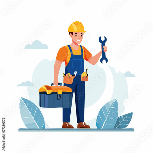 Mechanic Carrying Toolbox and Wrench Standing Outdoors - AI Generated