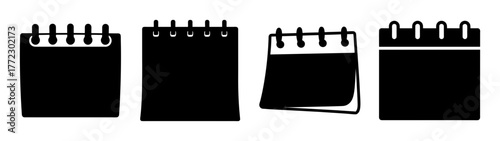 Four black silhouette icons of calendars on a white background, representing different styles and orientations of desk calendars with spiral binding, isolated on white