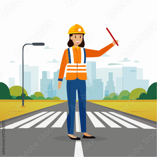 Female Construction Traffic Controller with Safety Vest - AI Generated