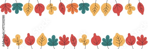 Seamless border pattern of colorful cartoon autumn leaves in red, yellow, and teal on a white background