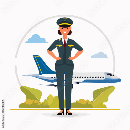 Airline Pilot Posing in Front of Passenger Jet - AI Generated