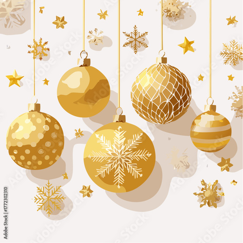 Golden Ornaments and Snowflakes Hanging Christmas Decoration Background