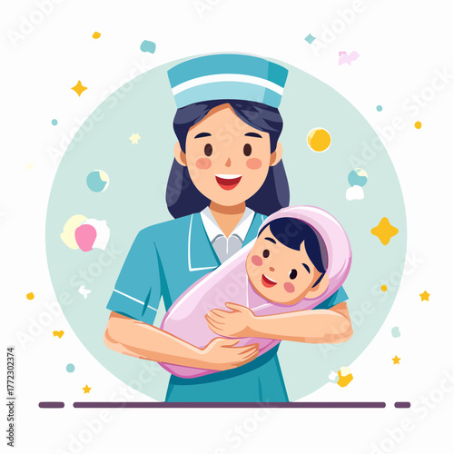 Smiling Nurse with Wrapped Newborn Baby - AI Generated