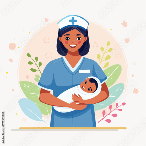 Midwife Caring for Newborn Baby in Hospital - AI Generated