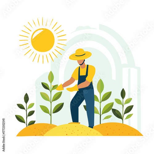Male Farmer Working on Green Farm Under Sunlight - AI Generated