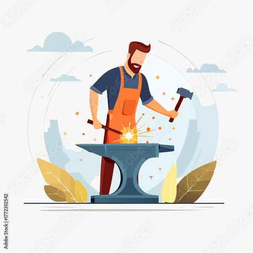 Skilled Metal Worker Forging Iron on Anvil - AI Generated