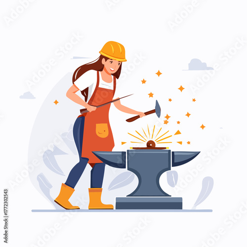 Female Blacksmith Forging Metal at Workshop - AI Generated