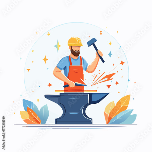 Happy Blacksmith Working at Metal Forge - AI Generated