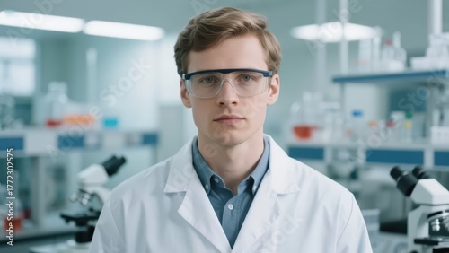 A researcher in a white coat presents a professional image in front of the laboratory background, demonstrating the rigor and exploration spirit in the field of scientific research.