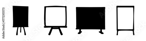 Collection of four different types of display boards and easels, including black silhouette and white outline versions, isolated on white background
