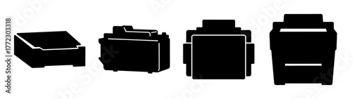 Set of four black silhouettes of rj45 connectors viewed from different angles, isolated on white background