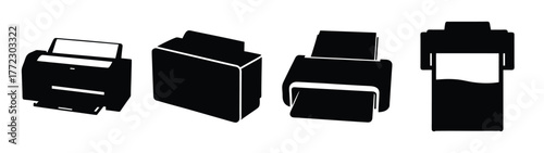 Collection of black ink cartridge stylized graphics and printer components