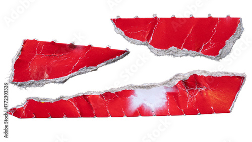 Pieces of red triangle-like shape hard paper torn from box packaging