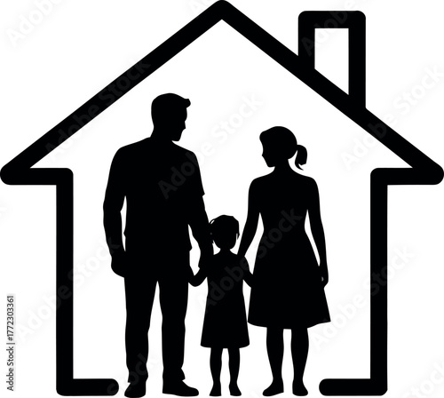 Black silhouette of a family inside a house outline home parents