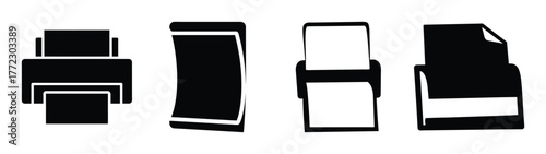 Set of four simple icons depicting printers and paper documents for office or printing services