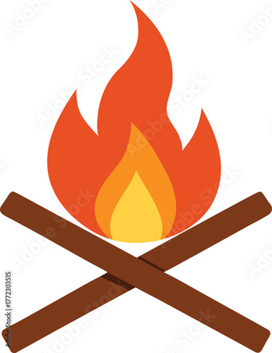 Silhouette vector of campfire with crossed sticks and flickering flame for camping design.