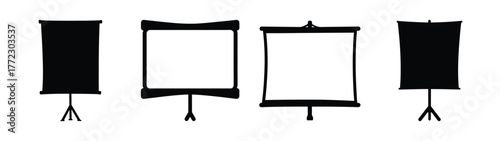 Collection of four projector screens on tripod stands showing different states