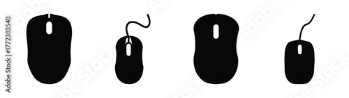 Collection of black computer mice including wired and wireless models on a clean surface