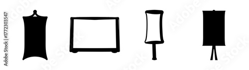 Collection of four black silhouette icons representing different types of display boards and frames, isolated on a white background