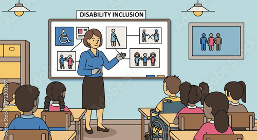 Engaged teacher leads a diverse classroom, fostering understanding and awareness of disability inclusion and accessibility, depicted in a modern, inclusive educational setting