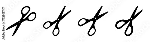 A row of four black scissors icons, isolated on a white background, symbolizing cutting, crafting, and office supplies