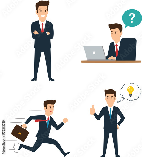A collection of four vector illustrations depicting a smiling businessman in various poses: confident with crossed arms, working at a laptop with a question, running with a briefcase, and giving a thu