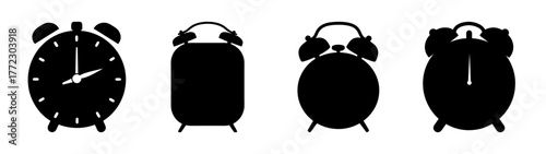Collection of four black silhouette alarm clocks, each with a unique shape and design, displayed against a clean white background, representing timekeeping and waking up