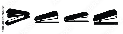 Four black stapler icons in a row showcasing different angles and openings