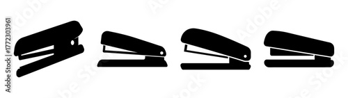 A collection of black silhouette staplers on a white background, showcasing different angles and perspectives of the office supply