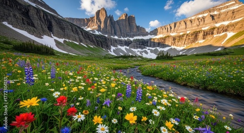 Vibrant alpine meadow bursts with colorful wildflowers beside a flowing mountain stream, bathed in golden sunrise light with majestic peaks soaring above.