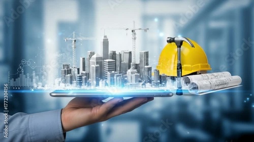 Hand holding a tablet with a city model, hard hat, hammer and blueprints on a blurred background