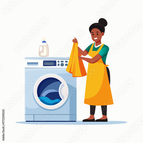 Female Worker Doing Laundry with Washing Machine - AI Generated