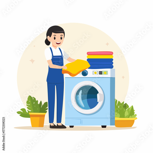 Female Laundry Worker Holding Clean Clothes - AI Generated