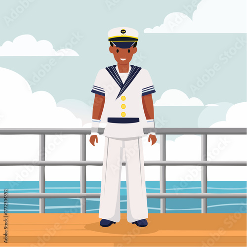 Sailor Standing on Ship Deck Near Ocean - AI Generated