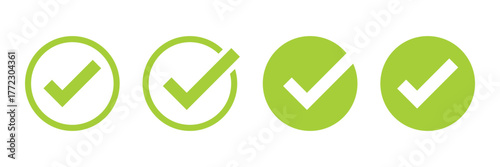 Set of green tick icons. Vector symbols set, checkmarks collection isolated on white background. Checked icon or correct choice sign. Check mark or checkbox pictogram.