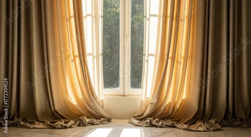 Elegant golden curtains frame a sunlit window, casting soft shadows on a marble floor, creating a serene and luxurious atmosphere perfect for interior design inspiration or tranquil home scenes.