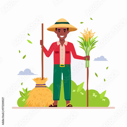 Male Farmer Holding Rice and Broom in Field - AI Generated