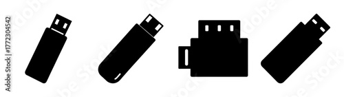 Collection of four black usb flash drive icons in different orientations, isolated on a white background